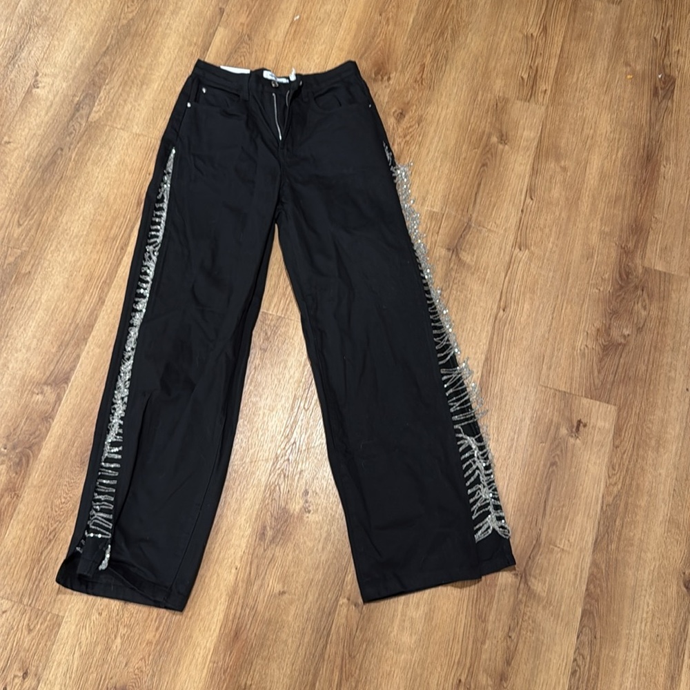 WeWoreWhat Black Pants with Silver Chain Detail and Matching Bandeau Top